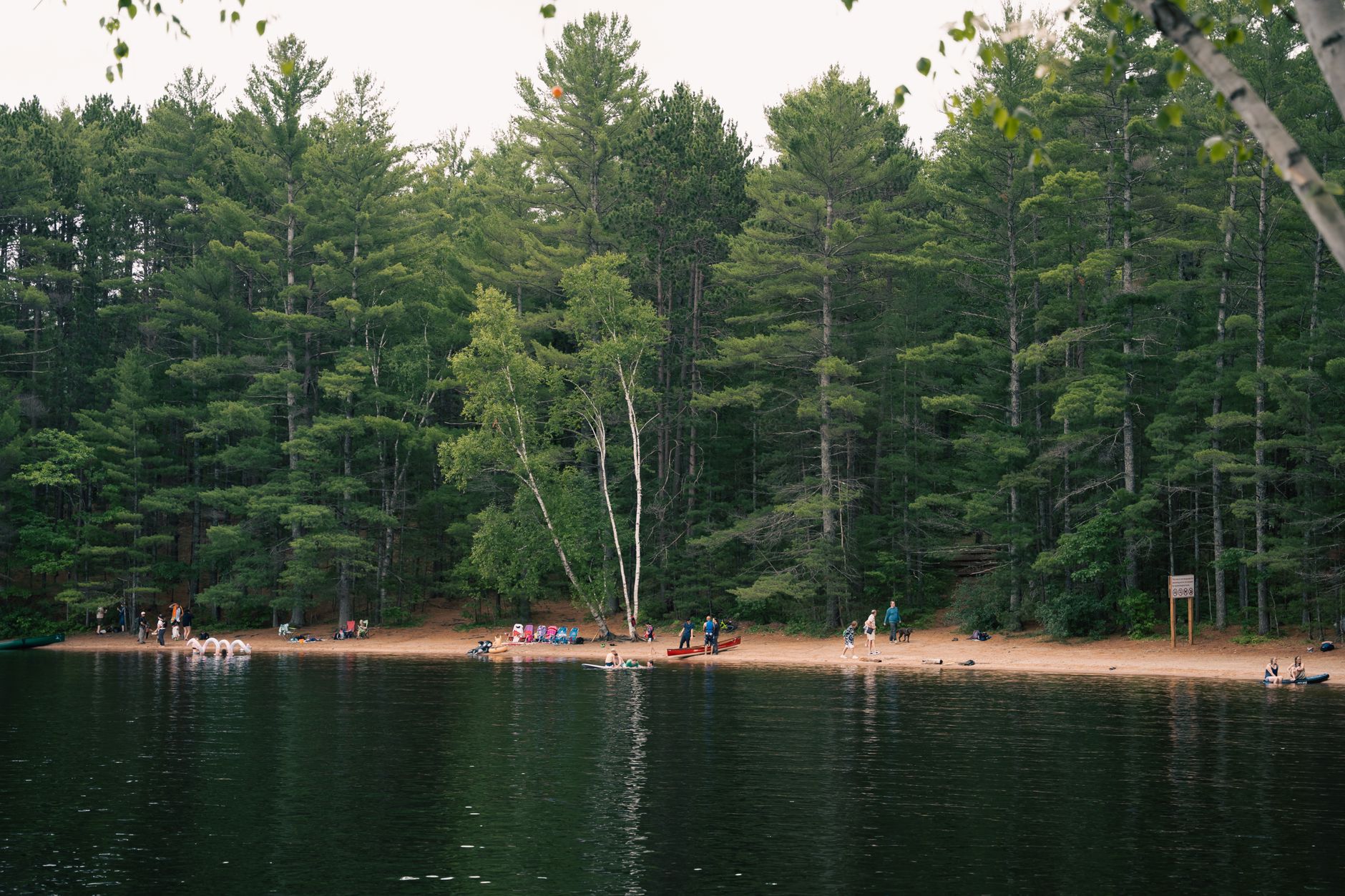 Tranquil lakeside view with pine forest, sandy beach, and people enjoying nature.