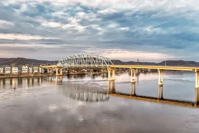 Scenic view of truss bridge crossing the Mississippi River at Wabasha, Minnesota during evening.